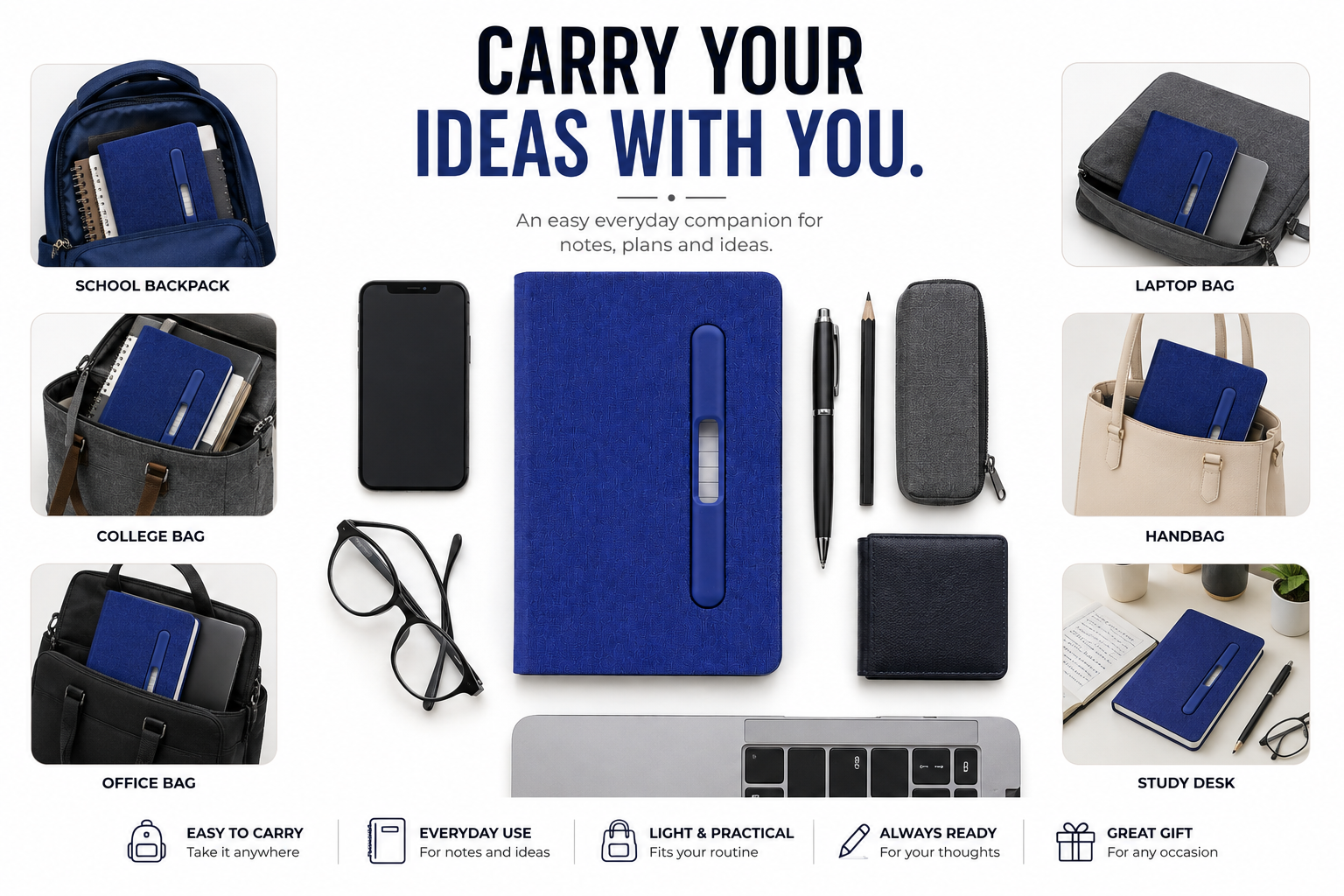 Premium Hardcover A5 Notebook – Built-In Pen Holder for Notes, School, Office & Daily Planning