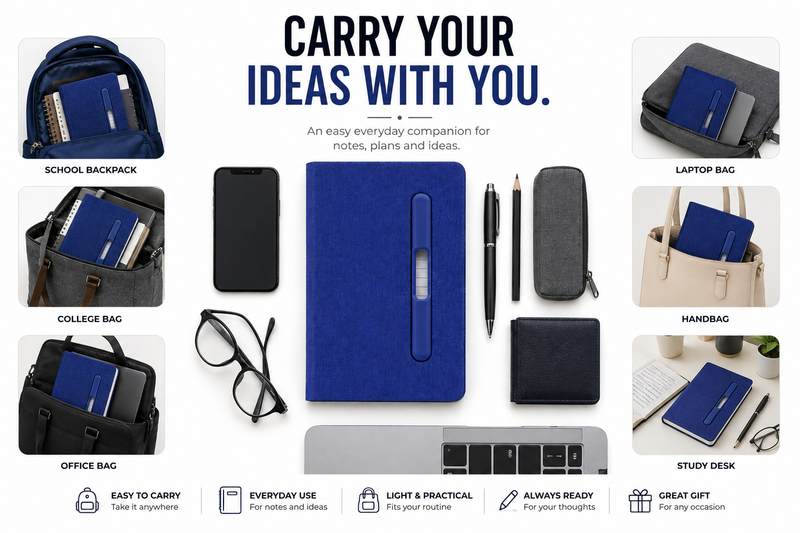 Premium Hardcover A5 Notebook – Built-In Pen Holder for Notes, School, Office & Daily Planning