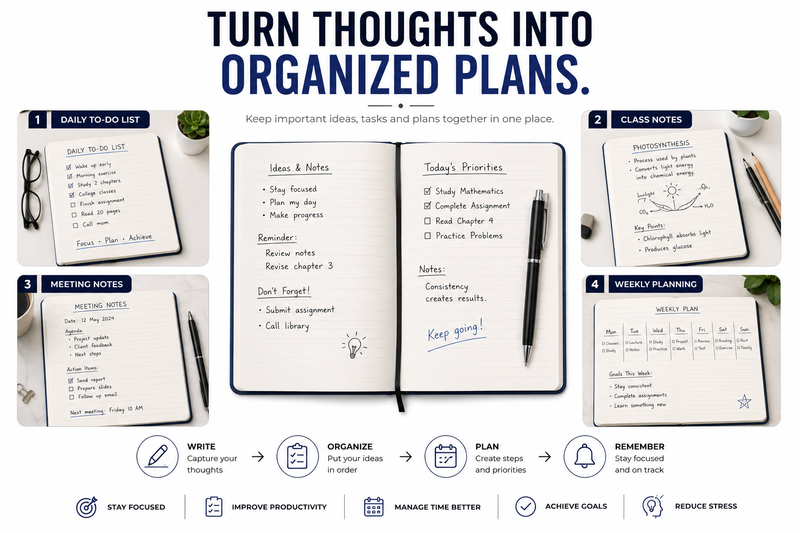 Premium Hardcover A5 Notebook – Built-In Pen Holder for Notes, School, Office & Daily Planning
