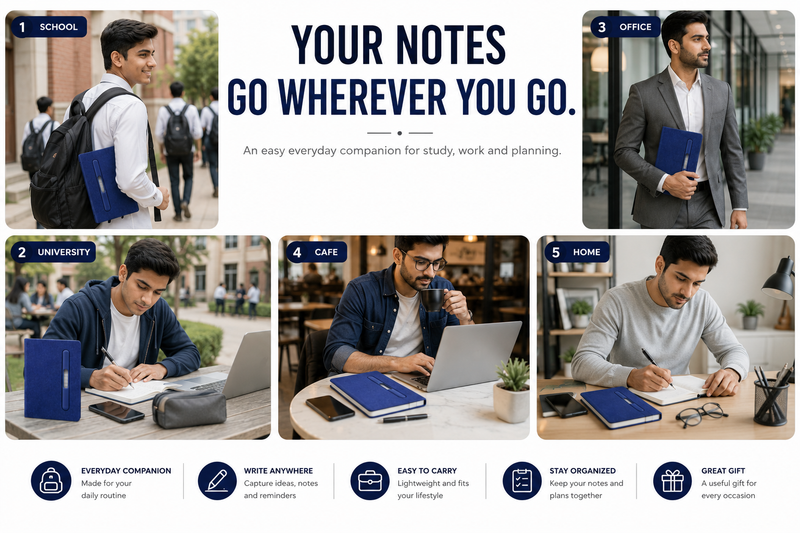 Premium Hardcover A5 Notebook – Built-In Pen Holder for Notes, School, Office & Daily Planning