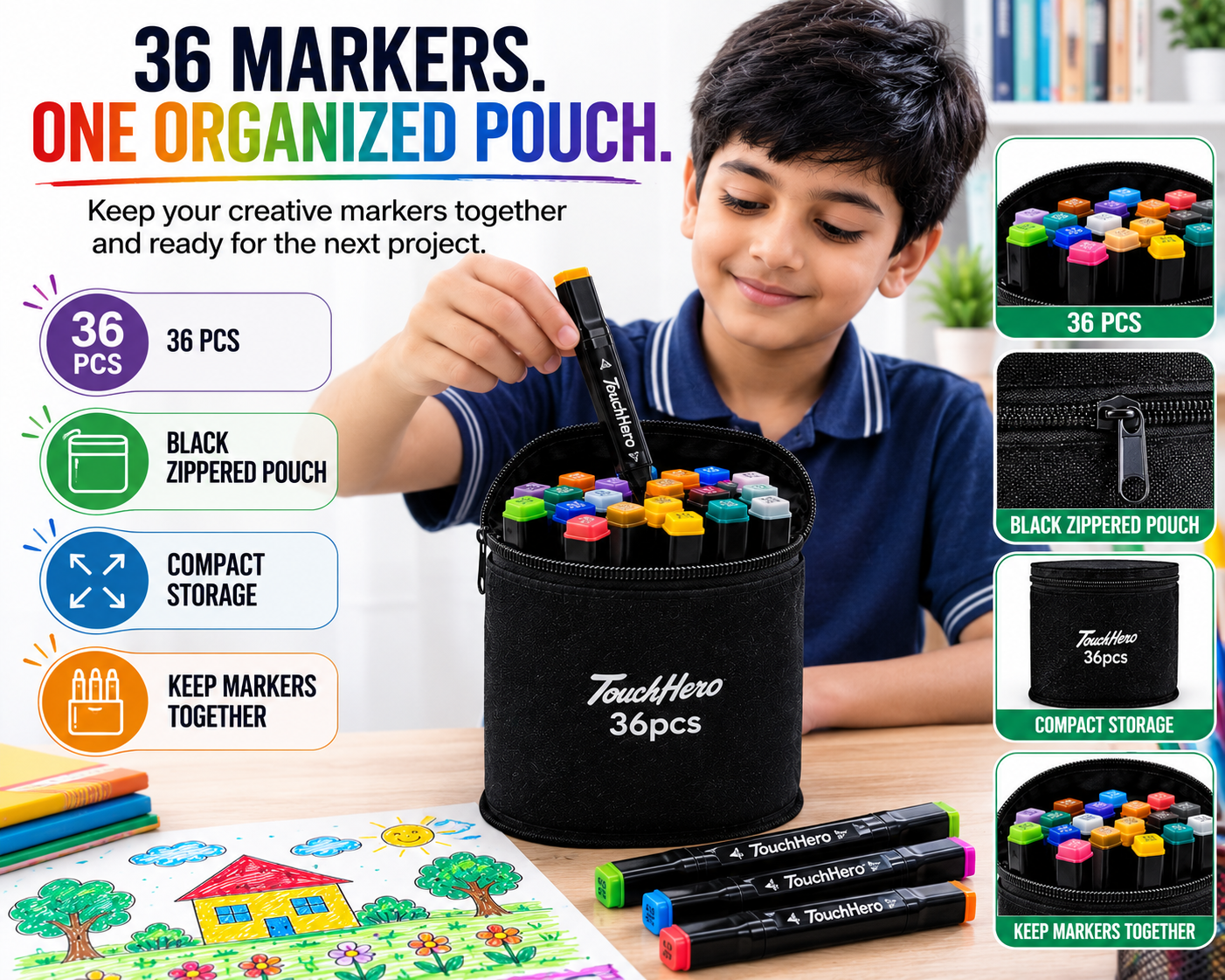 Touch Double-Sided Markers 36Pcs – Fine & Broad Tips for Smooth Coloring, Sketching, Illustration & School Art Projects with Black  Case