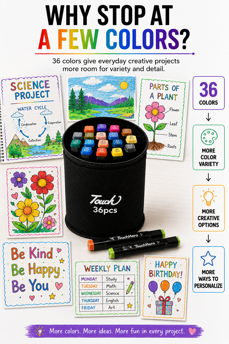 Touch Double-Sided Markers 36Pcs – Fine & Broad Tips for Smooth Coloring, Sketching, Illustration & School Art Projects with Black  Case