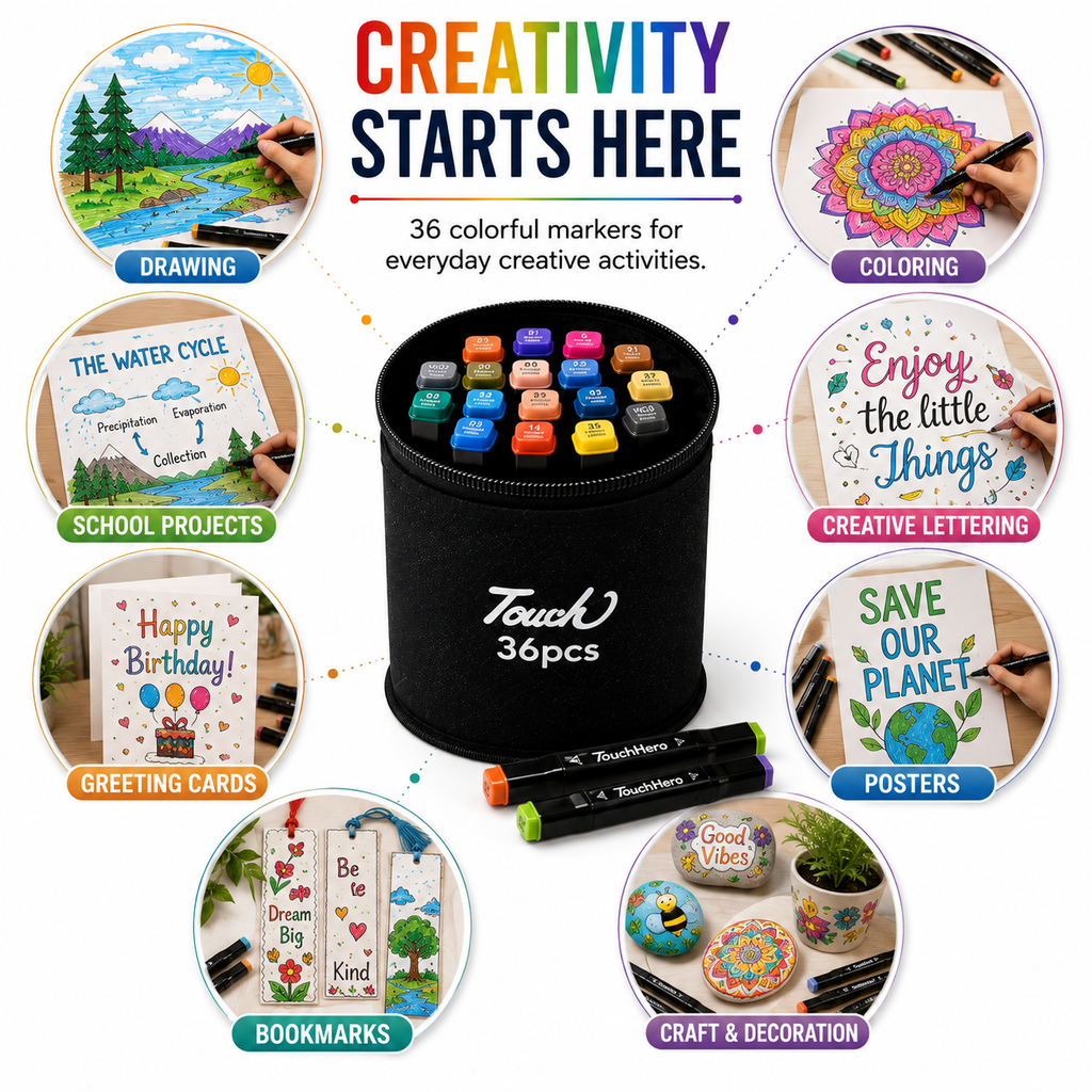 Touch Double-Sided Markers 36Pcs – Fine & Broad Tips for Smooth Coloring, Sketching, Illustration & School Art Projects with Black  Case