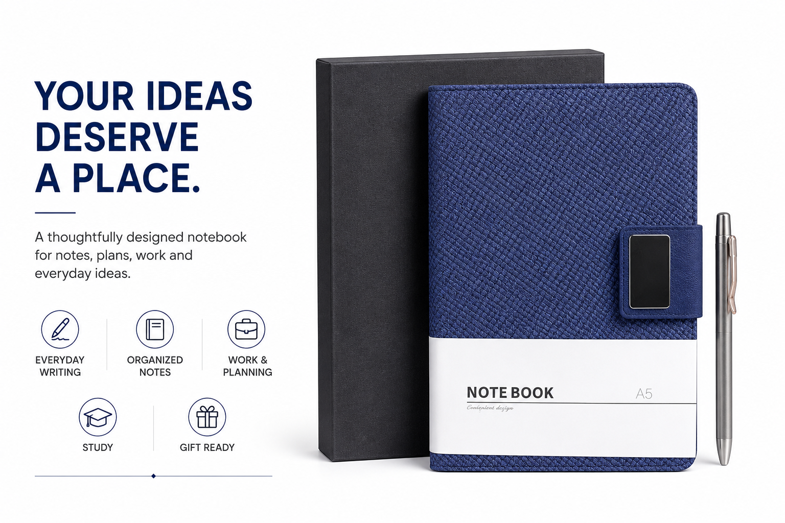 Elegant A5 Notebook Journal – Premium Textured Cover, Magnetic Flap Closure & Pen Holder, Gift Ready