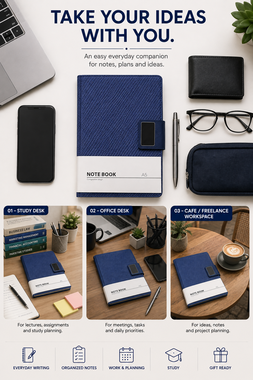 Elegant A5 Notebook Journal – Premium Textured Cover, Magnetic Flap Closure & Pen Holder, Gift Ready