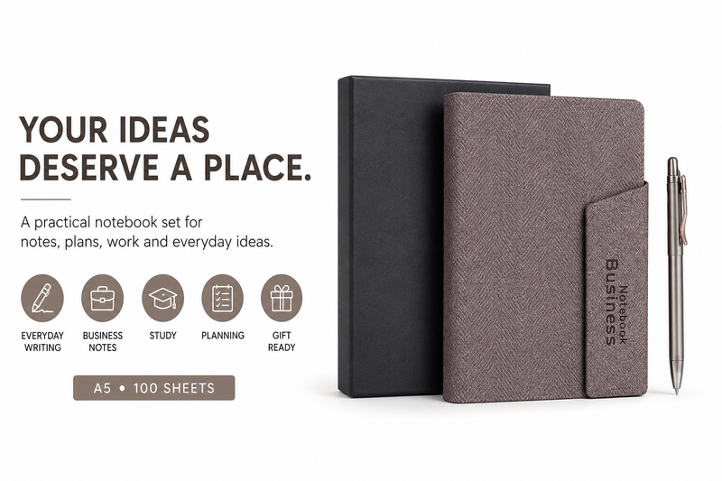 A5 Business Notebook Set with Pen Holder – 100 Sheets Premium Textured Journal for Work, Meetings, Notes & Planning