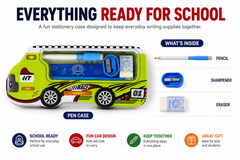 Pencil Box with Eraser & Sharpener – Complete Stationery Organizer for Kids & Students, Compact School Pencil Case