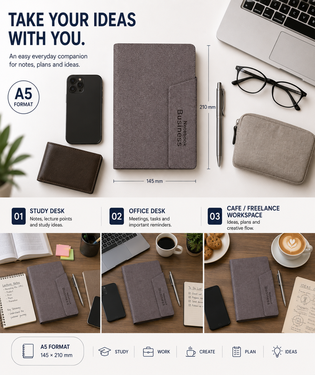 A5 Business Notebook Set with Pen Holder – 100 Sheets Premium Textured Journal for Work, Meetings, Notes & Planning