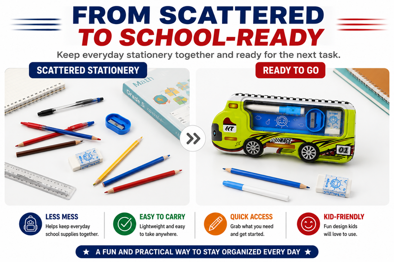 Pencil Box with Eraser & Sharpener – Complete Stationery Organizer for Kids & Students, Compact School Pencil Case