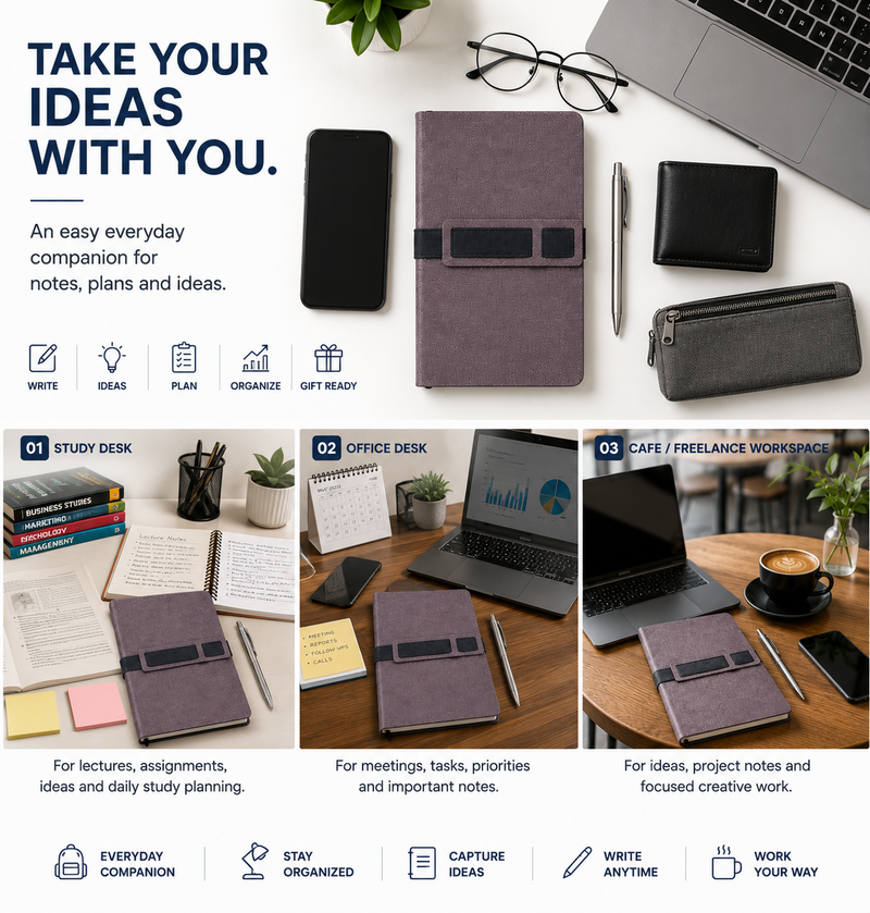 Your Ideas, Wherever You Go – Versatile Notebook for Study, Office, Freelance Work & Daily Planning