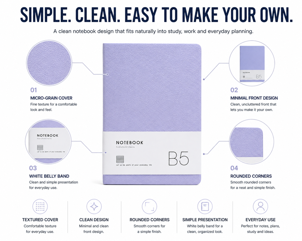 B5 Aesthetic Notebook – Soft Lavender Blue or Pink Journal for Study, Work, Planning, Personal Notes & Gifting
