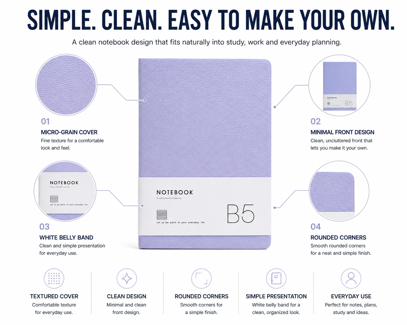 B5 Aesthetic Notebook – Soft Lavender Blue or Pink Journal for Study, Work, Planning, Personal Notes & Gifting