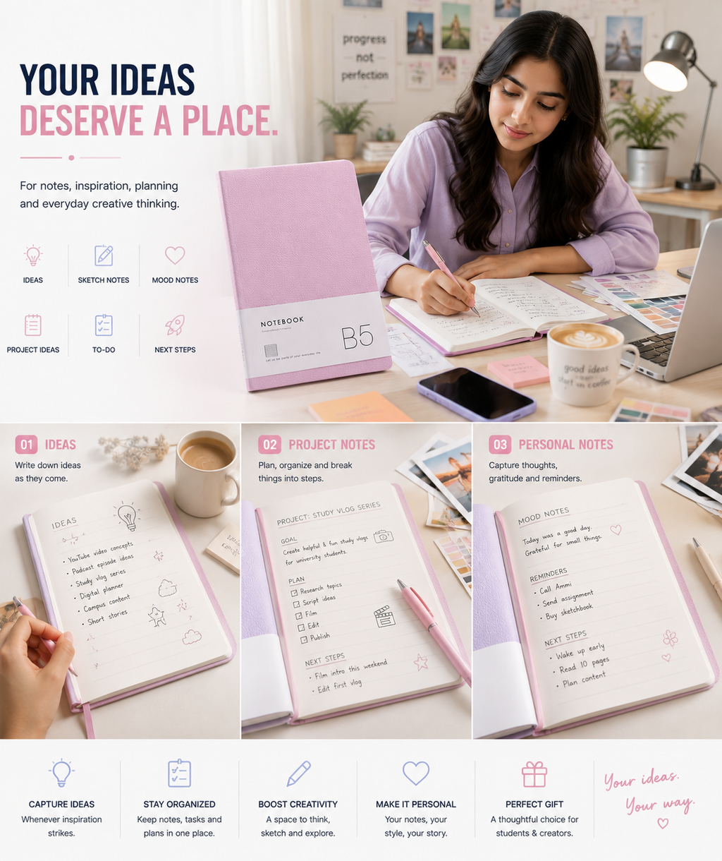 B5 Aesthetic Notebook – Soft Lavender Blue or Pink Journal for Study, Work, Planning, Personal Notes & Gifting