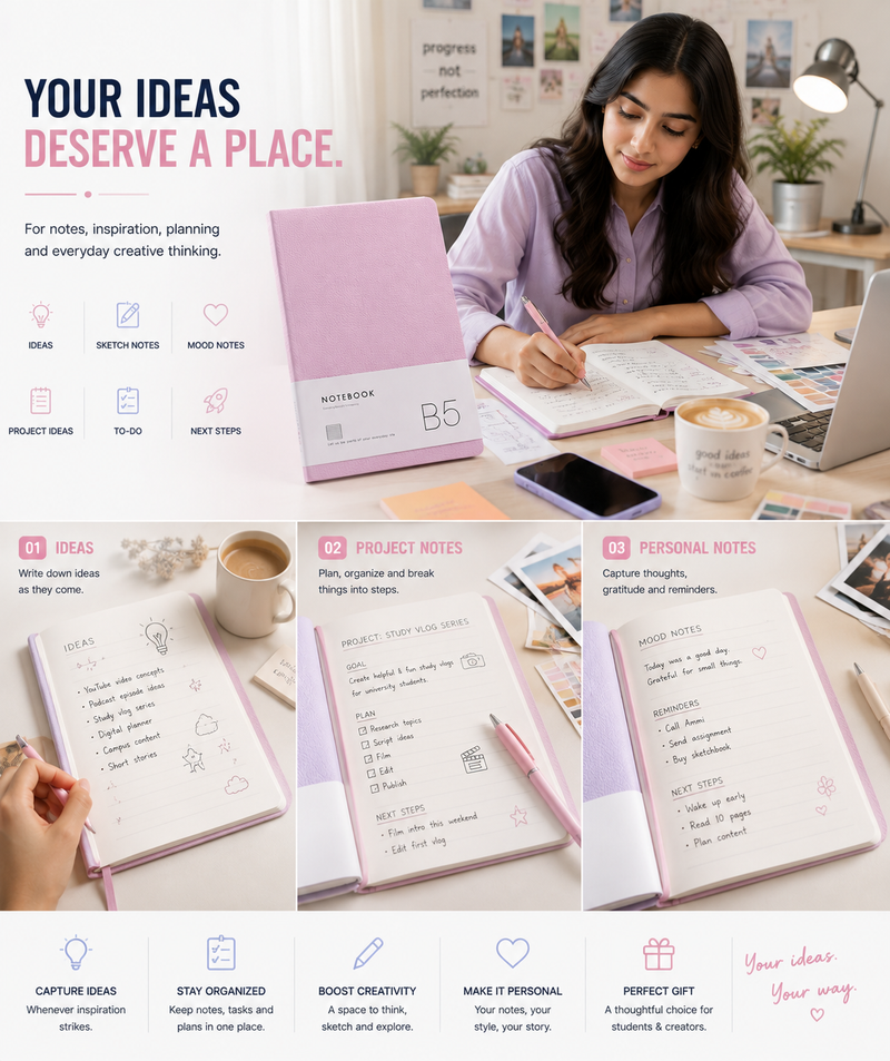 B5 Aesthetic Notebook – Soft Lavender Blue or Pink Journal for Study, Work, Planning, Personal Notes & Gifting