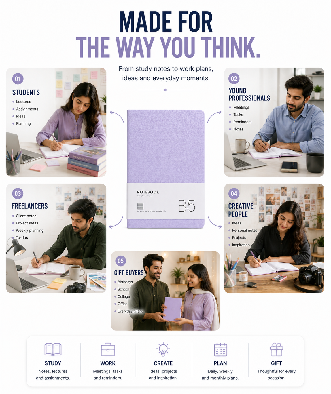 B5 Aesthetic Notebook – Soft Lavender Blue or Pink Journal for Study, Work, Planning, Personal Notes & Gifting