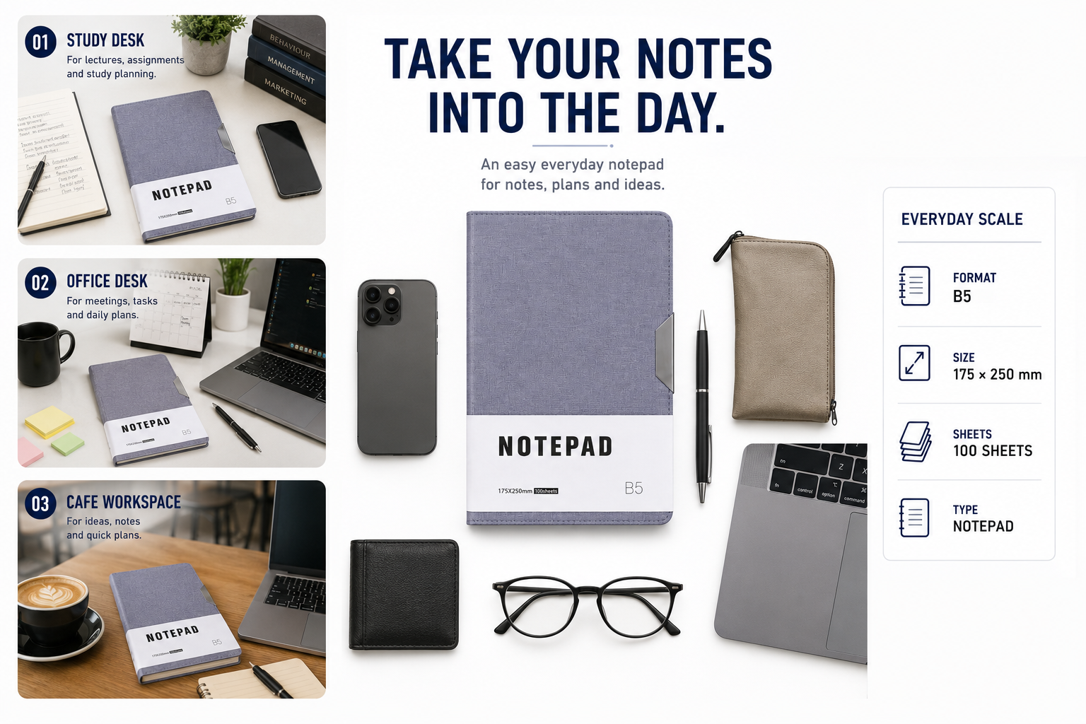 Minimalist B5 Notepad – 100 Sheets Premium Notebook for Planning, Study, Meetings & Everyday Ideas