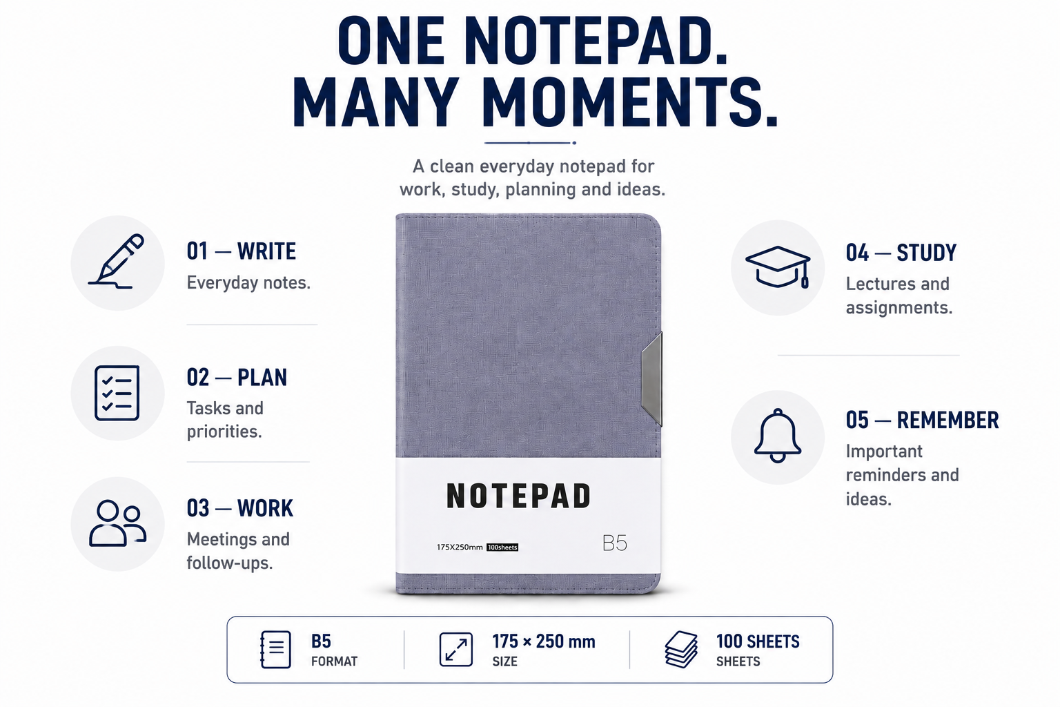 Minimalist B5 Notepad – 100 Sheets Premium Notebook for Planning, Study, Meetings & Everyday Ideas