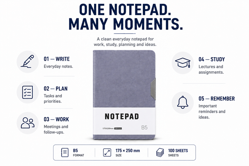 Minimalist B5 Notepad – 100 Sheets Premium Notebook for Planning, Study, Meetings & Everyday Ideas
