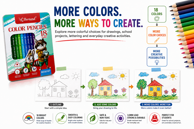 Bertand 18-Piece Colour Pencil Set – Vibrant Shades for Smooth Colouring, Drawing, Sketching, School Projects & Creative Artwork