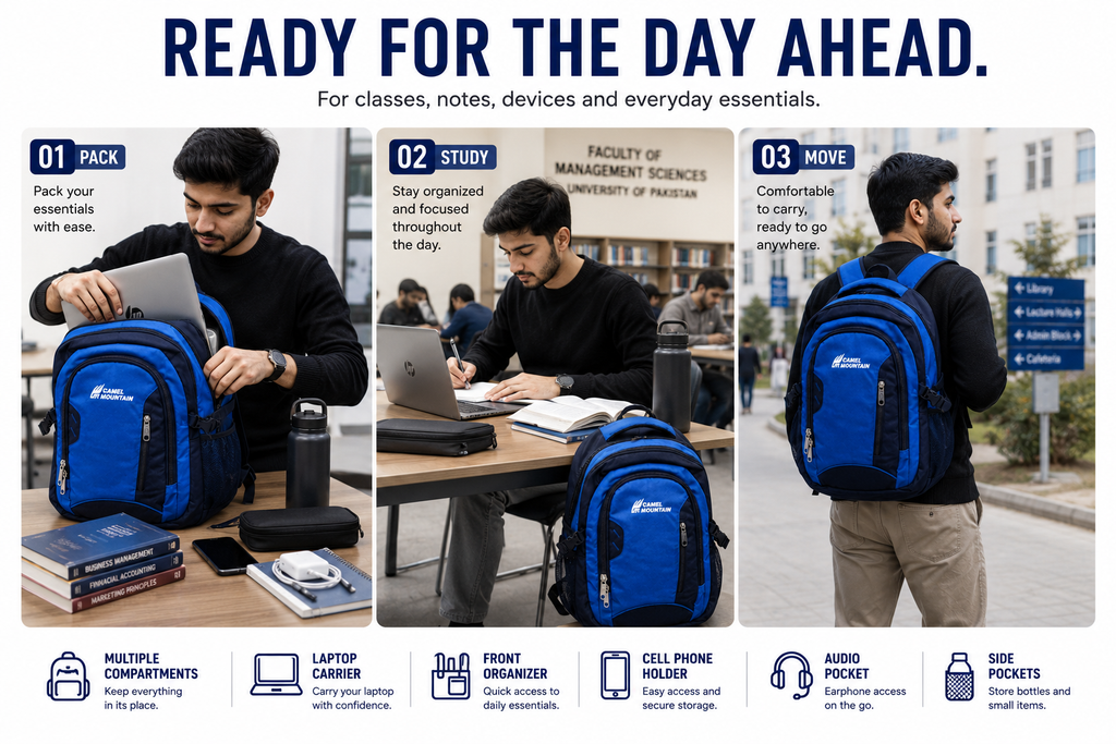 Camel mountain Smart Organizer Backpack – Laptop Compartment, Phone Pocket & Easy-Access Storage for School, Work & Daily Use