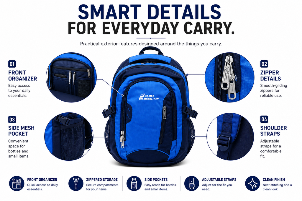 Camel mountain Smart Organizer Backpack – Laptop Compartment, Phone Pocket & Easy-Access Storage for School, Work & Daily Use