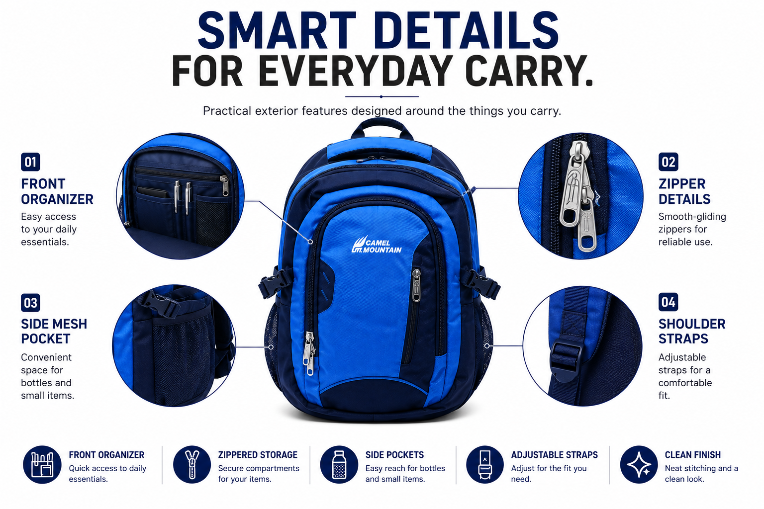 Camel mountain Smart Organizer Backpack – Laptop Compartment, Phone Pocket & Easy-Access Storage for School, Work & Daily Use