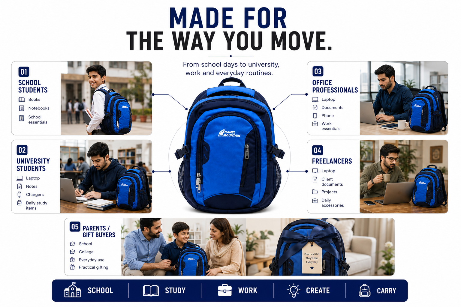 Camel mountain Smart Organizer Backpack – Laptop Compartment, Phone Pocket & Easy-Access Storage for School, Work & Daily Use