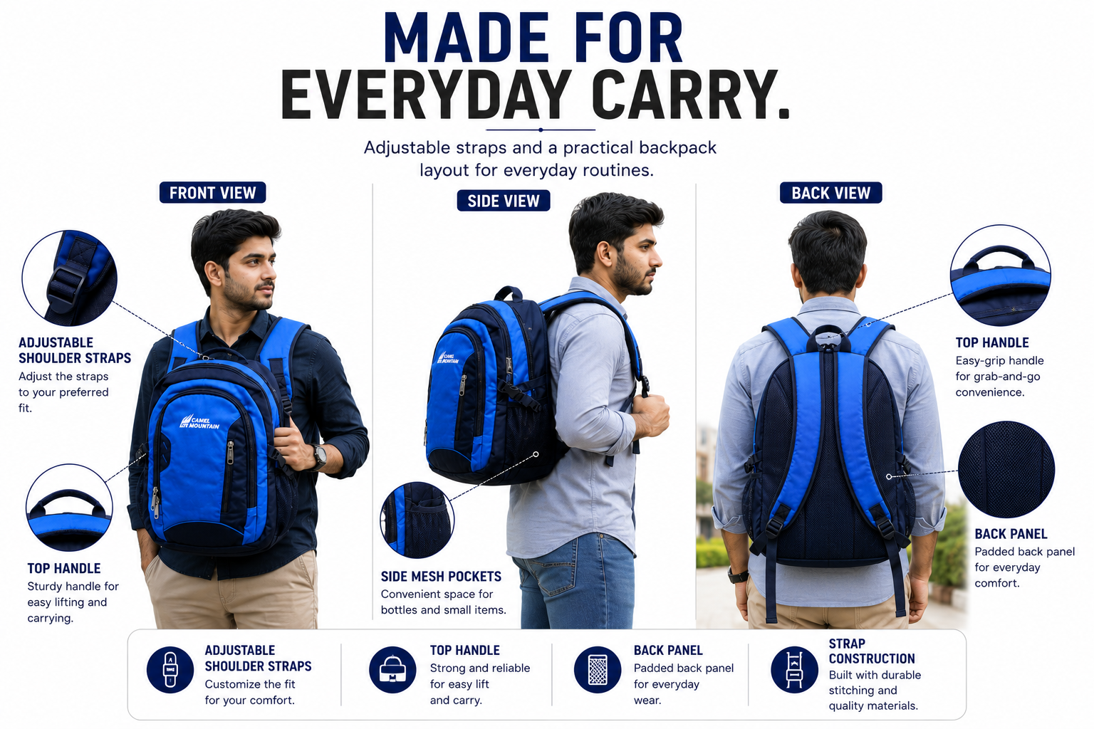 Camel mountain Smart Organizer Backpack – Laptop Compartment, Phone Pocket & Easy-Access Storage for School, Work & Daily Use