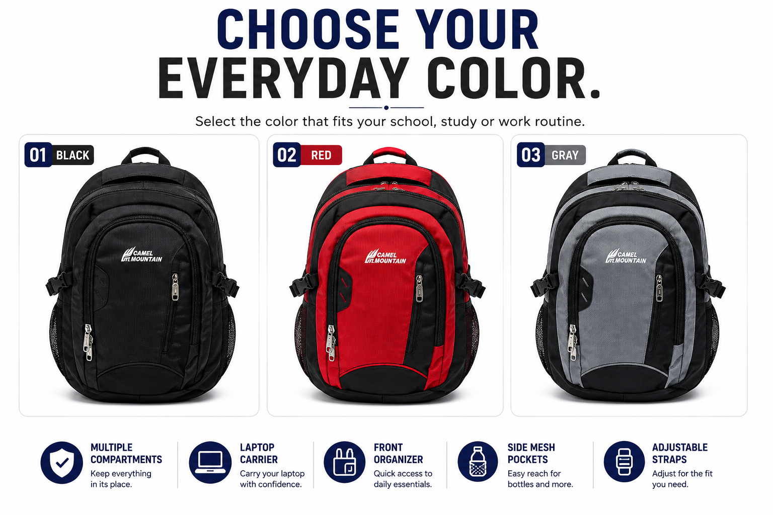 Camel mountain Smart Organizer Backpack – Laptop Compartment, Phone Pocket & Easy-Access Storage for School, Work & Daily Use
