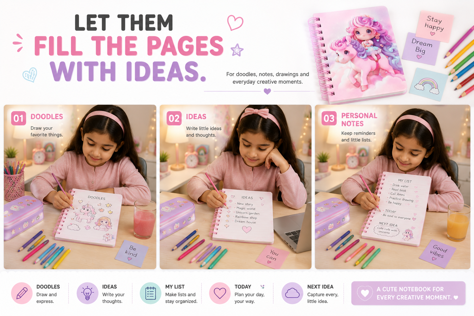 Adorable Unicorn Spiral Notebook – Fun Kids Journal for School, Drawing, Doodling, Notes & Creative Ideas