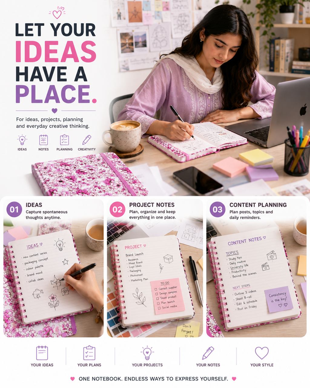 Elegant Floral Notebook for Journaling – Beautiful Pink Flower Journal for Notes, Ideas, Planning & Daily Writing