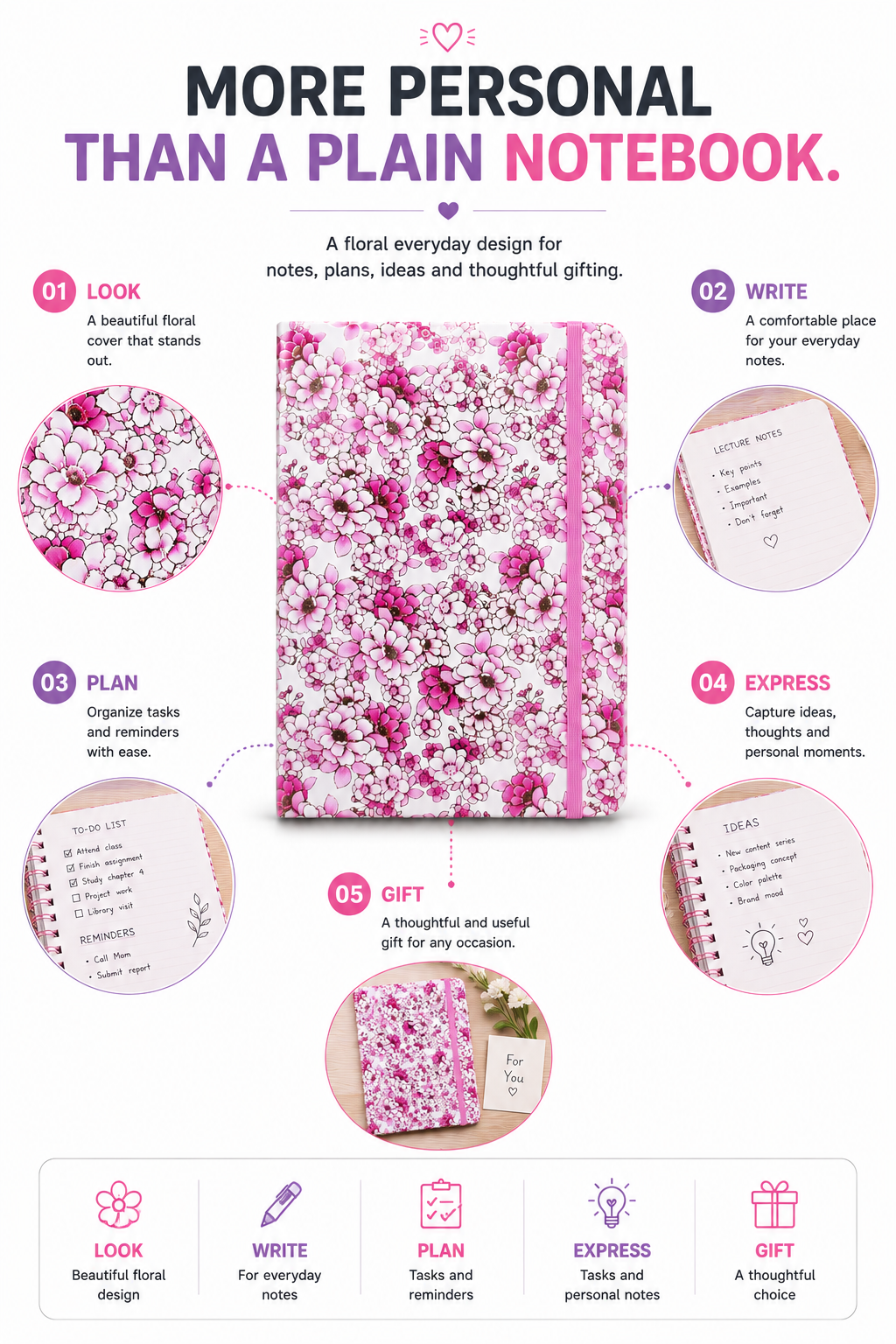 Elegant Floral Notebook for Journaling – Beautiful Pink Flower Journal for Notes, Ideas, Planning & Daily Writing