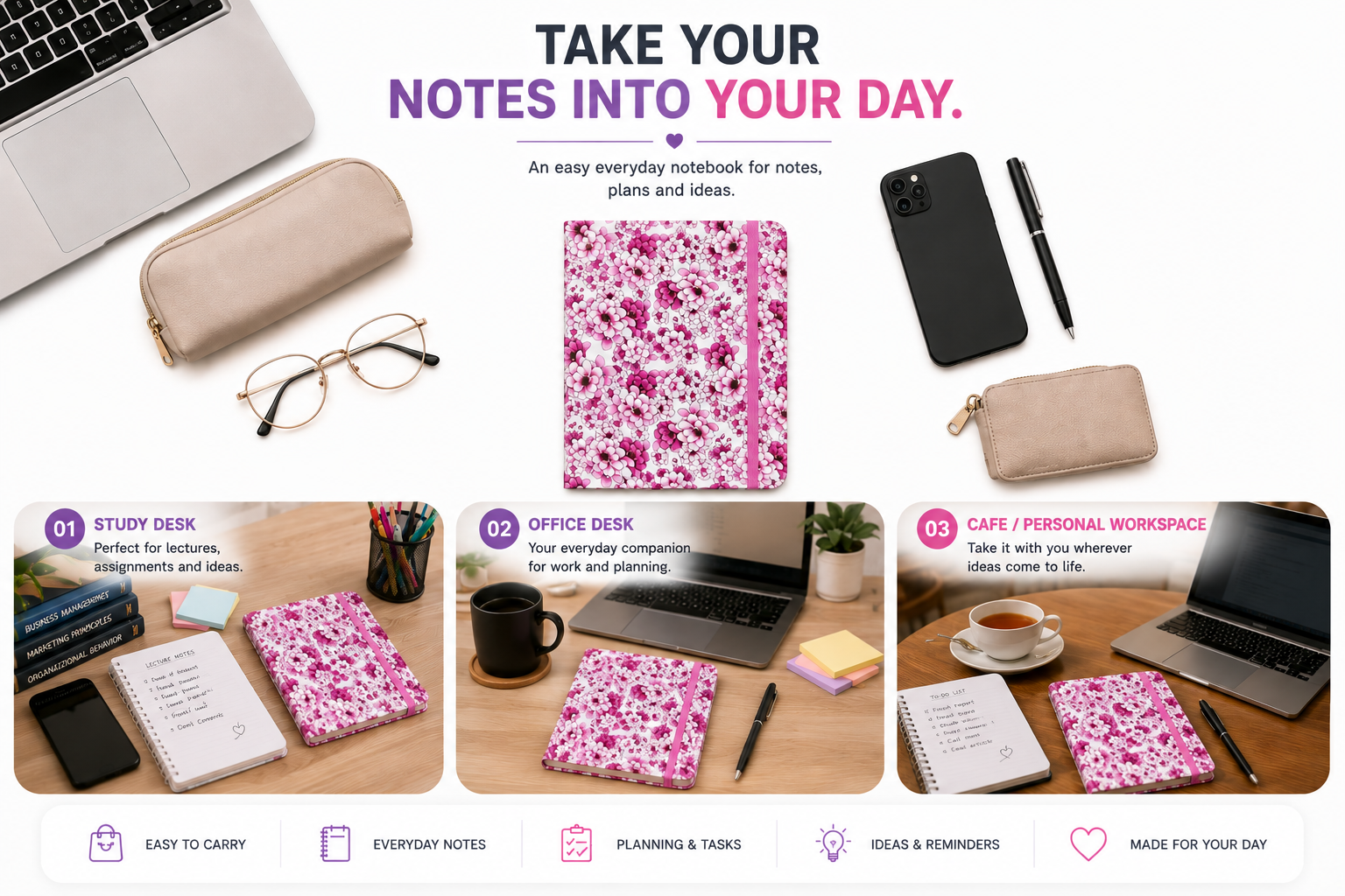 Elegant Floral Notebook for Journaling – Beautiful Pink Flower Journal for Notes, Ideas, Planning & Daily Writing