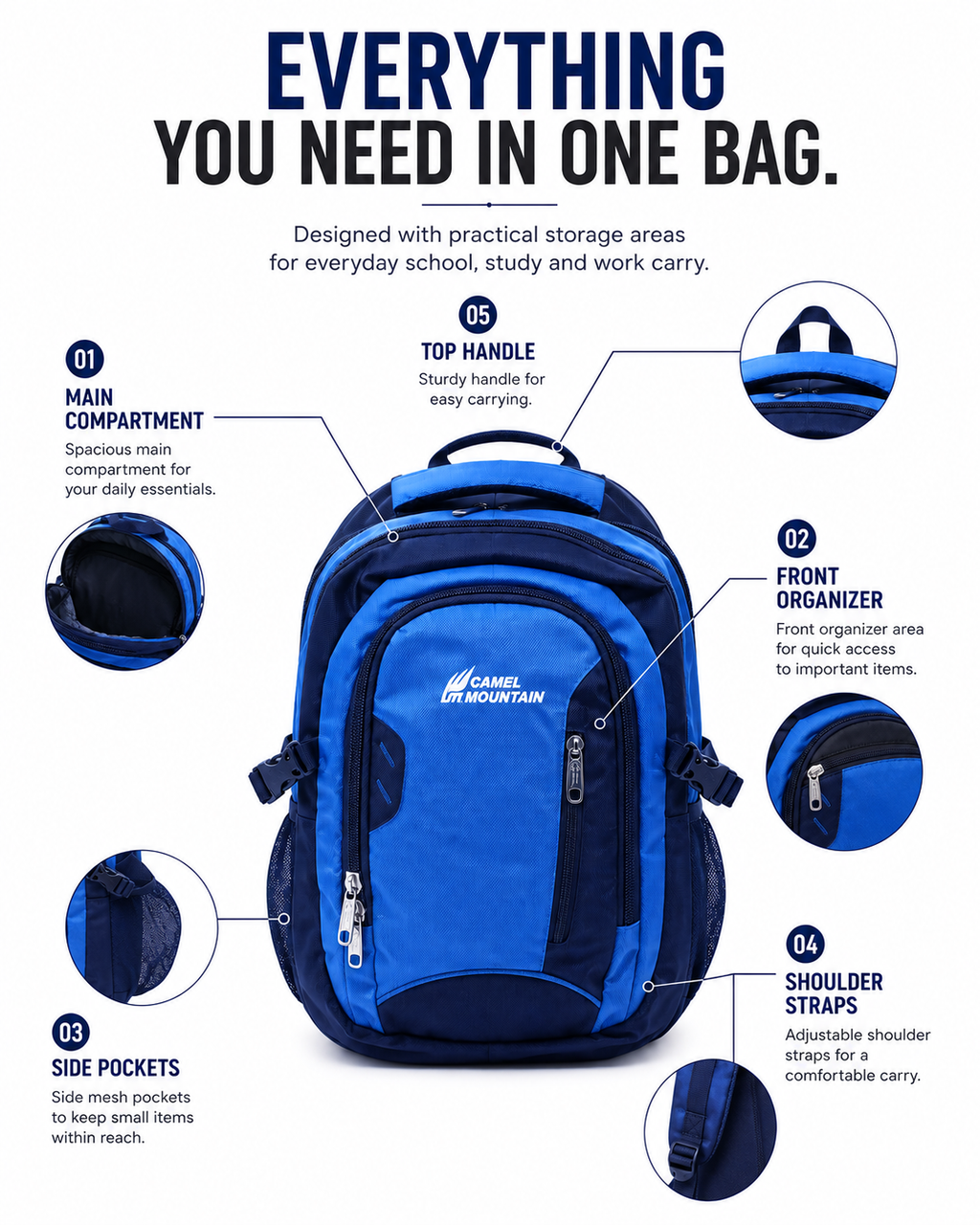 Camel mountain Smart Organizer Backpack – Laptop Compartment, Phone Pocket & Easy-Access Storage for School, Work & Daily Use