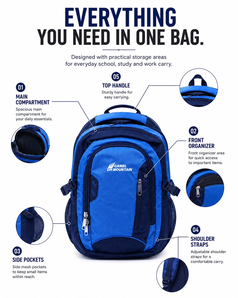 Camel mountain Smart Organizer Backpack – Laptop Compartment, Phone Pocket & Easy-Access Storage for School, Work & Daily Use
