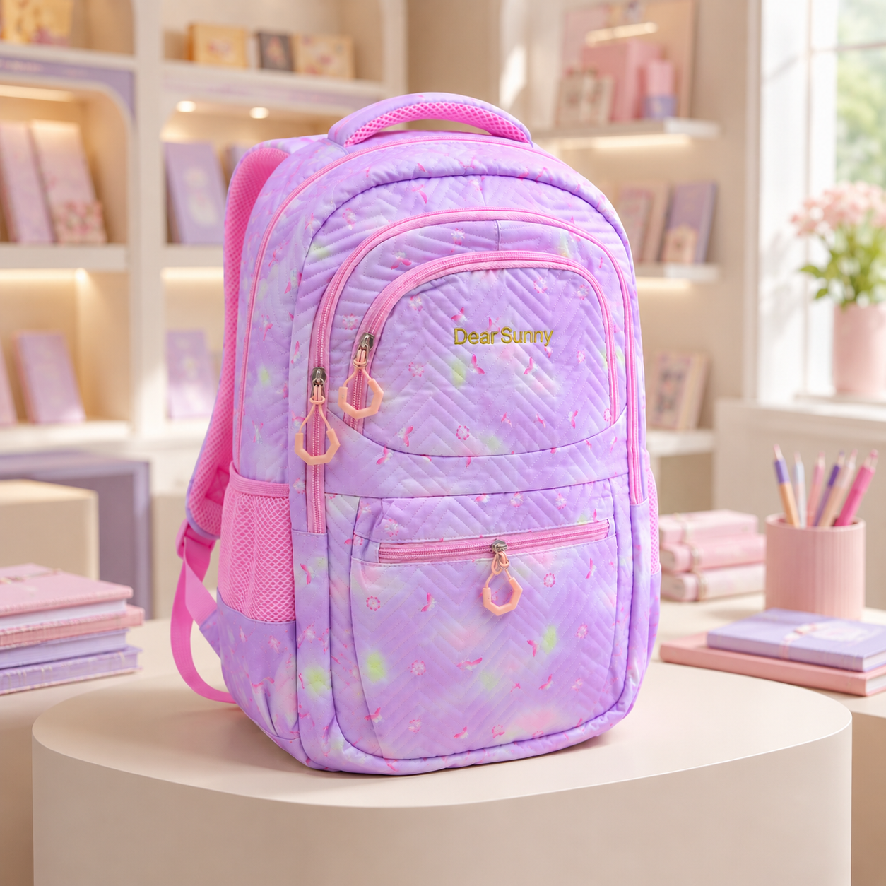 Girls School Backpack – Cute Lavender Pink Multi-Compartment Bag with Bottle Holder, Front Pockets