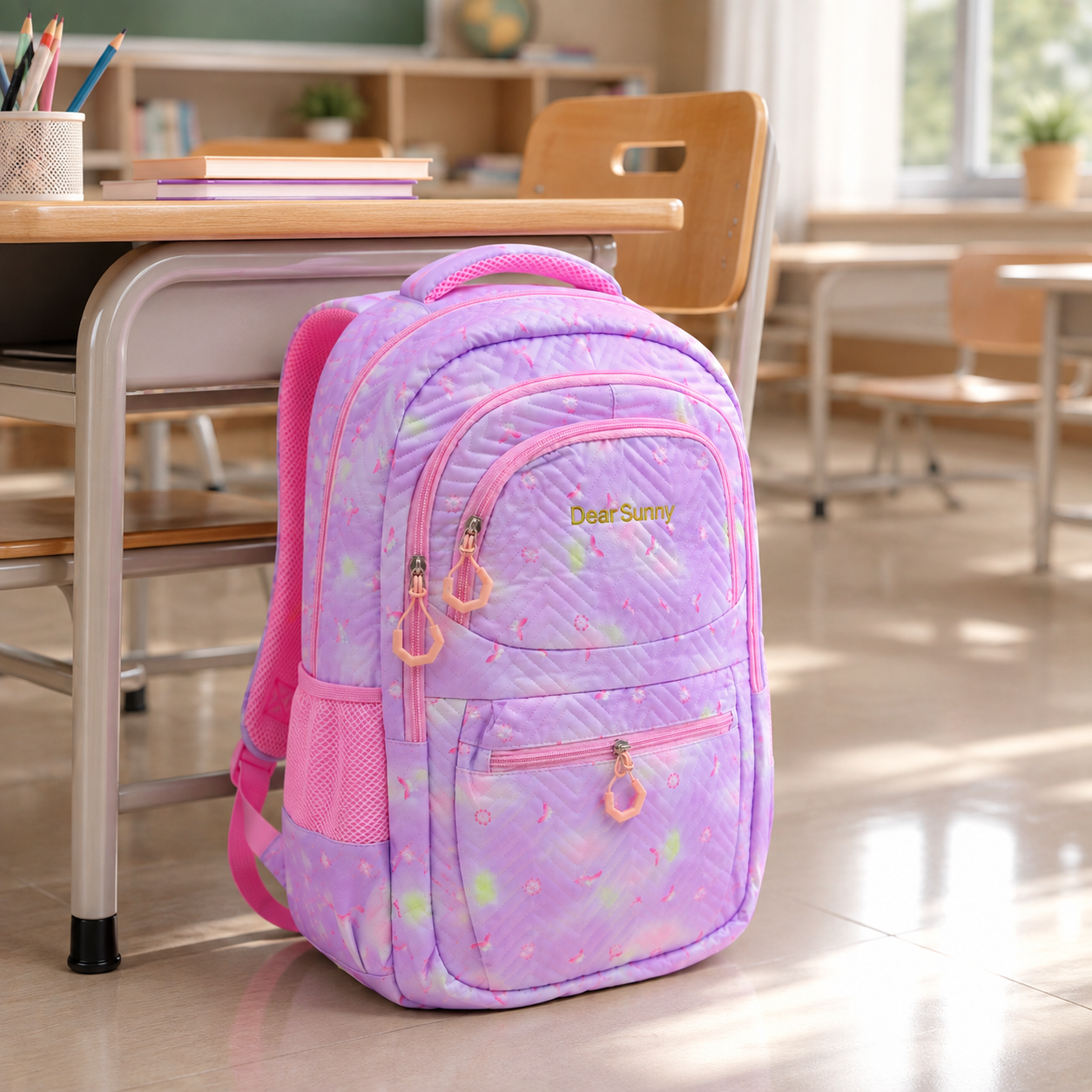 Girls School Backpack – Cute Lavender Pink Multi-Compartment Bag with Bottle Holder, Front Pockets