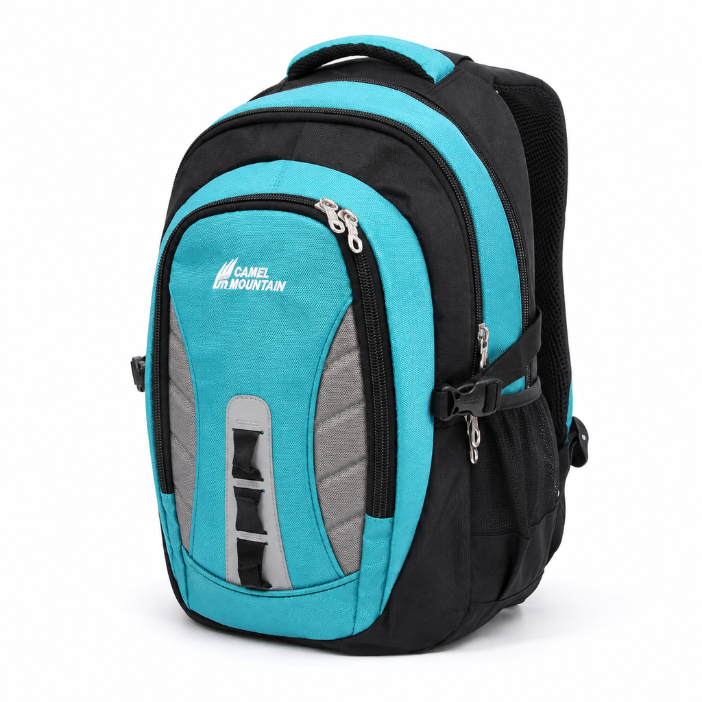 Turquoise & Black Camel Mountain Backpack – Multi-Compartment Student Bag for School, College, Books & Daily Essentials