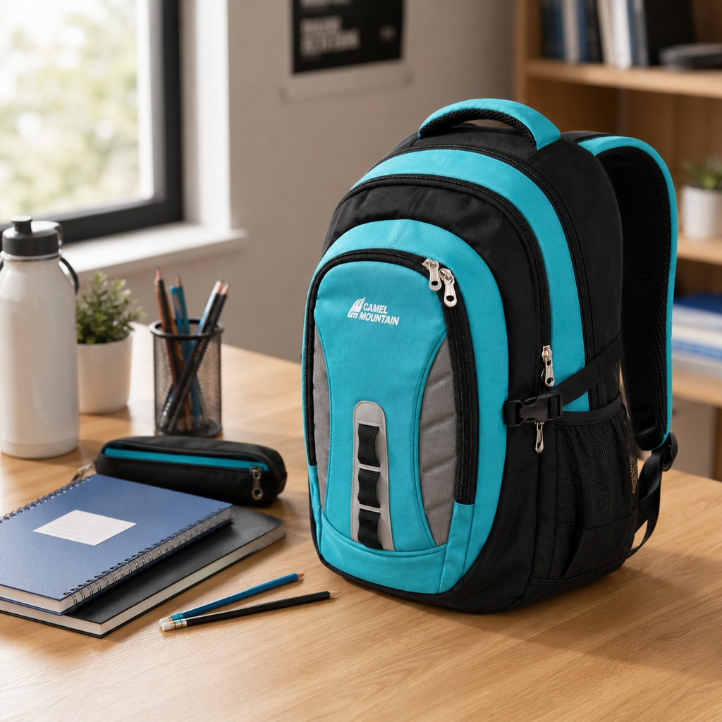 Turquoise & Black Camel Mountain Backpack – Multi-Compartment Student Bag for School, College, Books & Daily Essentials