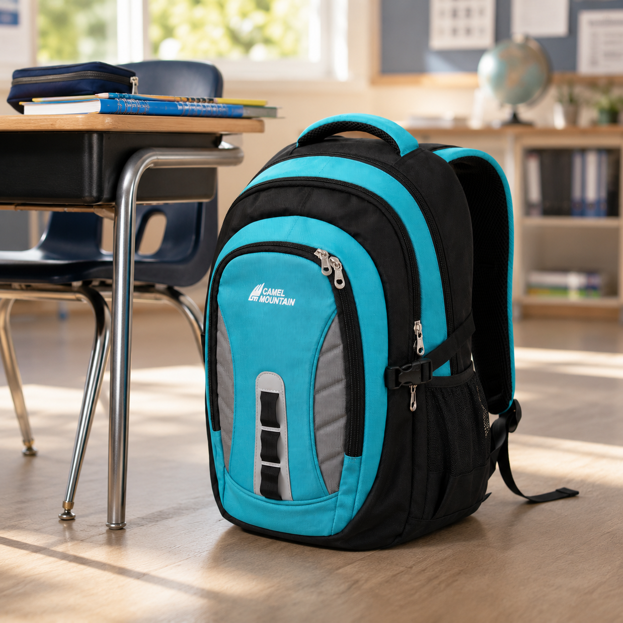 Turquoise & Black Camel Mountain Backpack – Multi-Compartment Student Bag for School, College, Books & Daily Essentials
