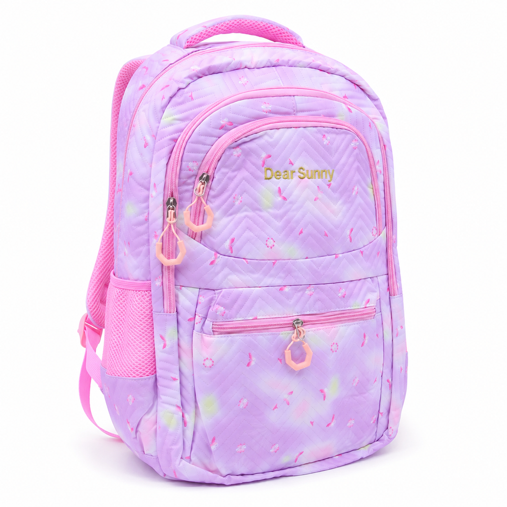 Girls School Backpack – Cute Lavender Pink Multi-Compartment Bag with Bottle Holder, Front Pockets
