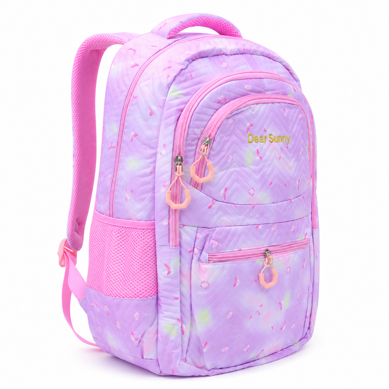 Girls School Backpack – Cute Lavender Pink Multi-Compartment Bag with Bottle Holder, Front Pockets