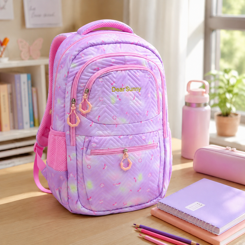 Girls School Backpack – Cute Lavender Pink Multi-Compartment Bag with Bottle Holder, Front Pockets