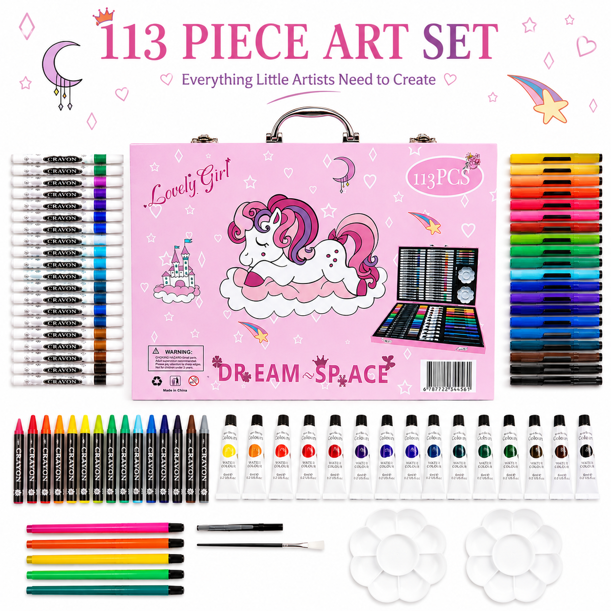 113-Piece Girls Art & Craft Set with Unicorn Carrying Case – Complete Drawing, Coloring & Painting Kit