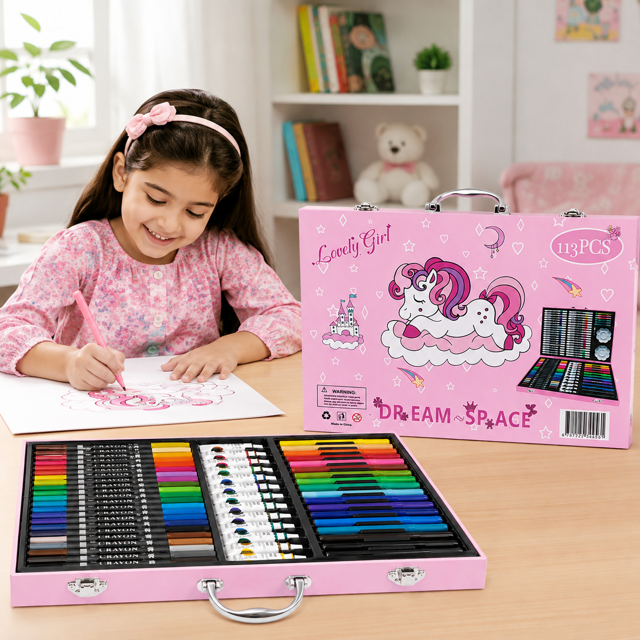 113-Piece Girls Art & Craft Set with Unicorn Carrying Case – Complete Drawing, Coloring & Painting Kit