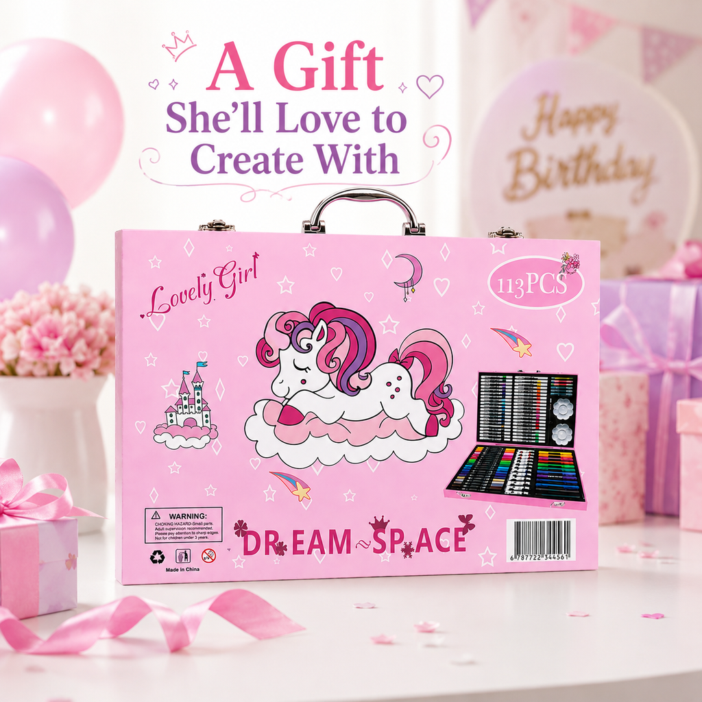113-Piece Girls Art & Craft Set with Unicorn Carrying Case – Complete Drawing, Coloring & Painting Kit