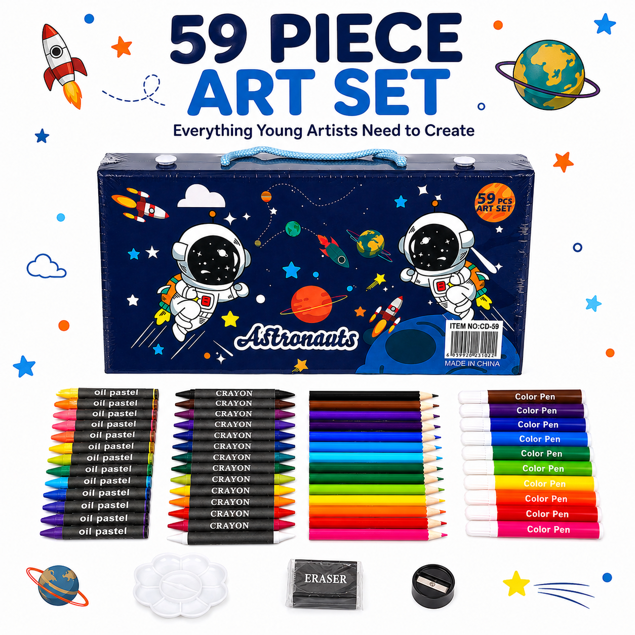 59-Piece Kids Art Set  Space-Themed Creative Drawing & Colouring Kit with Complete Art Supplies, Portable Carrying Case