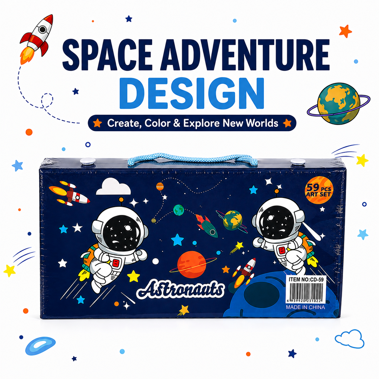 59-Piece Kids Art Set  Space-Themed Creative Drawing & Colouring Kit with Complete Art Supplies, Portable Carrying Case