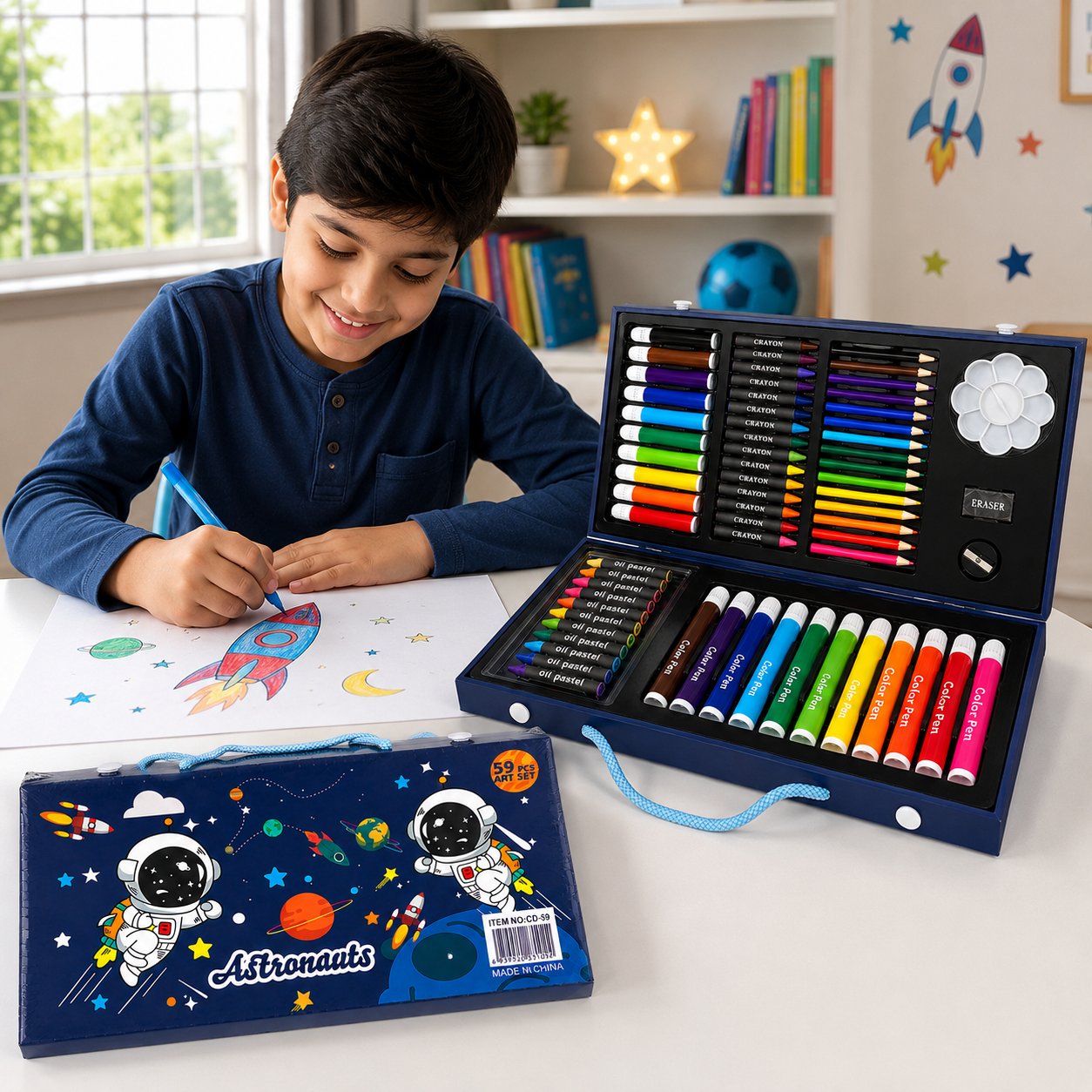 59-Piece Kids Art Set  Space-Themed Creative Drawing & Colouring Kit with Complete Art Supplies, Portable Carrying Case