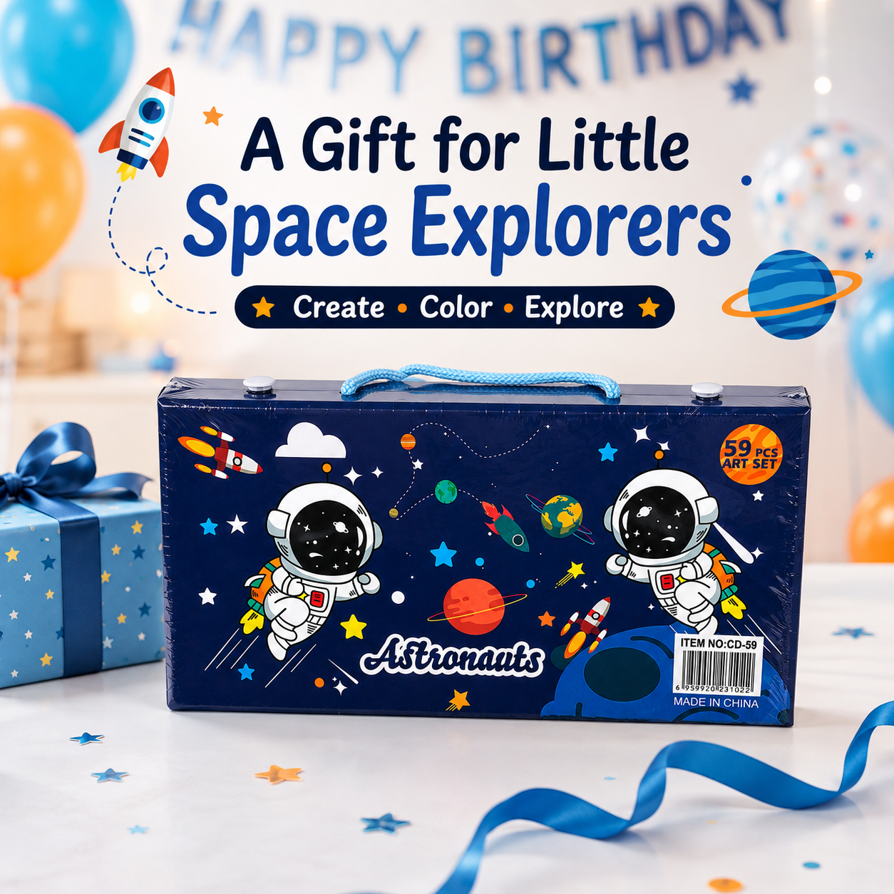 59-Piece Kids Art Set  Space-Themed Creative Drawing & Colouring Kit with Complete Art Supplies, Portable Carrying Case